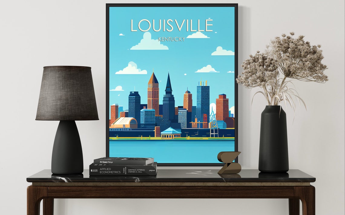 Louisville Kentucky Riverfront Skyline Bridge Retro Travel Poster - Image 2