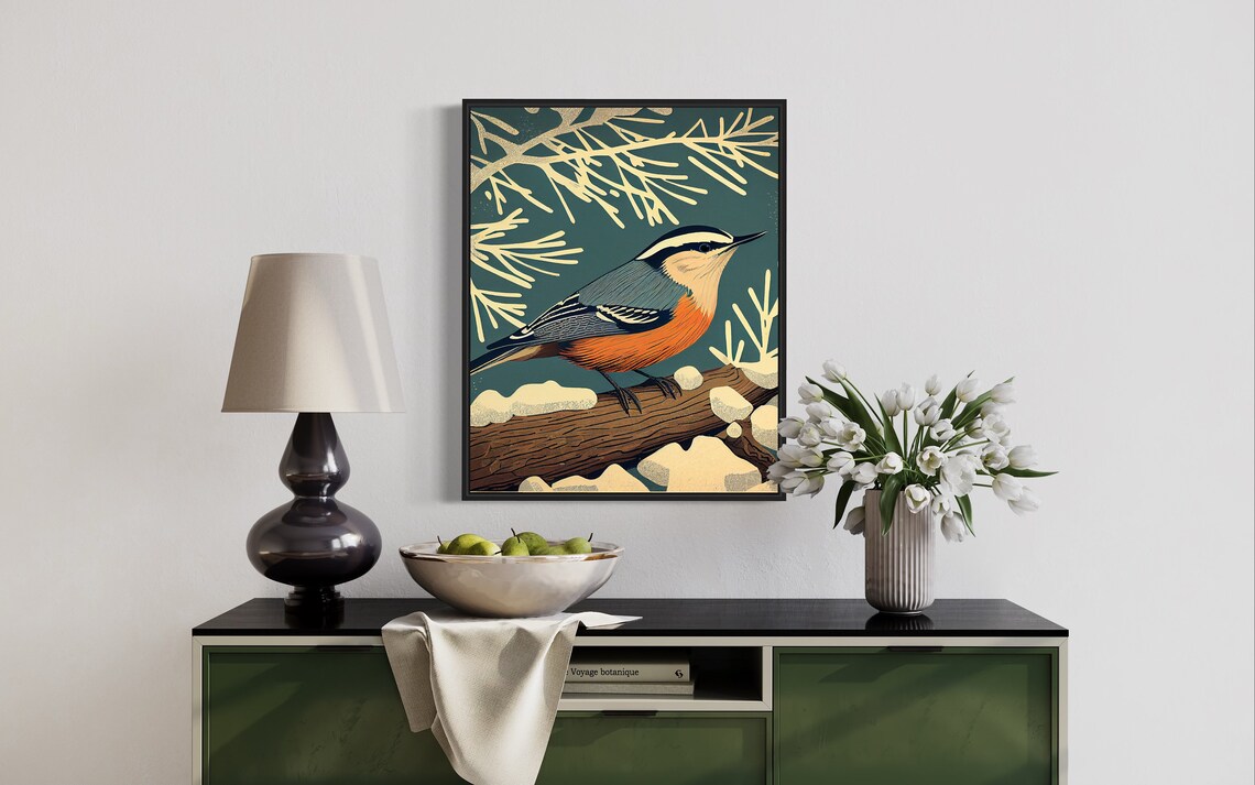 Nuthatch Bird Retro Snowy Winter Branch Portrait Illustration Poster - Image 2