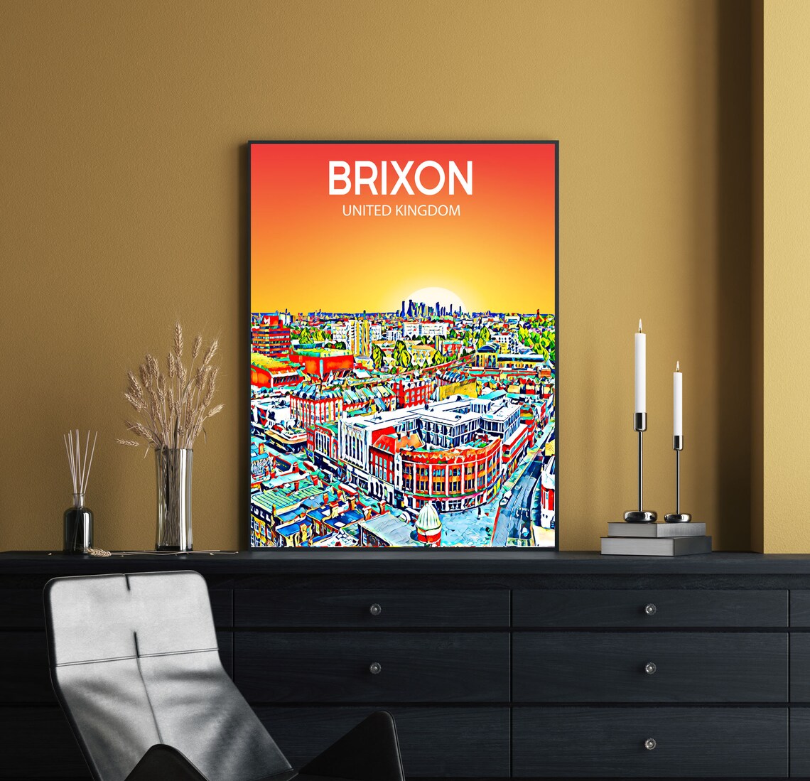 Brixon United Kingdom Sunset Skyline Sketch Art Travel Poster - Image 2