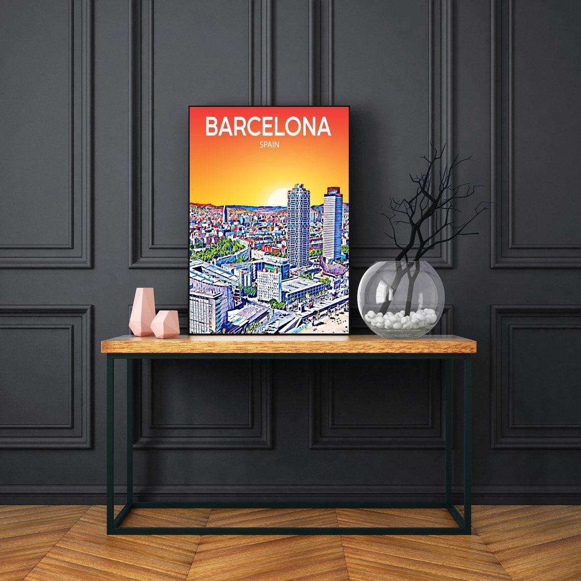 Barcelona Spain Beachfront Towers Sunset Sketch Travel Poster - Image 3