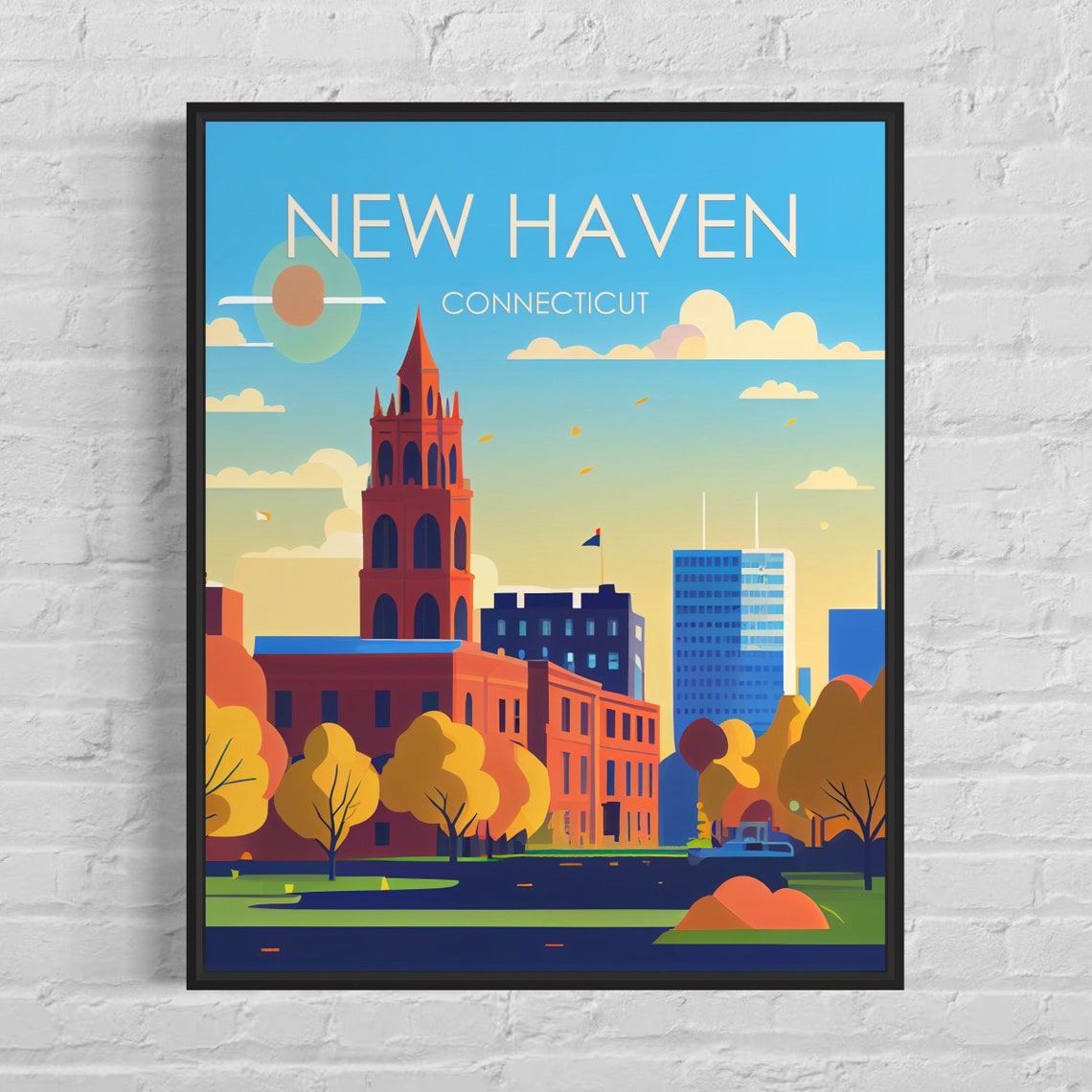 New Haven Connecticut Clock Tower Autumn Campus Retro Poster