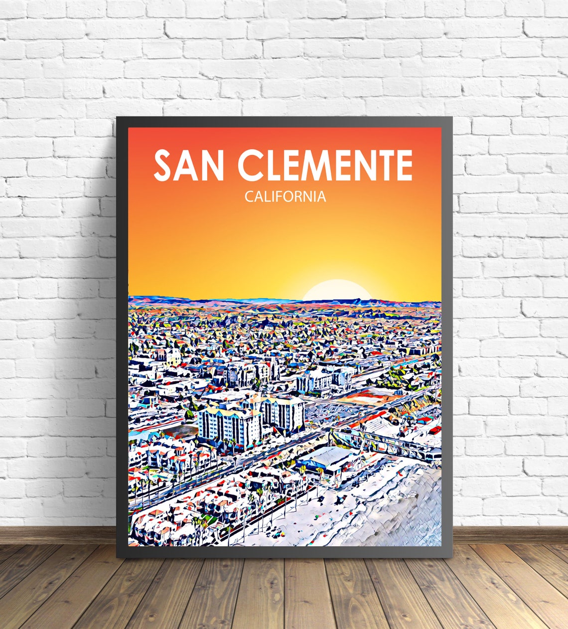 San Clemente California Colorful Sunset Skyline City Travel Poster