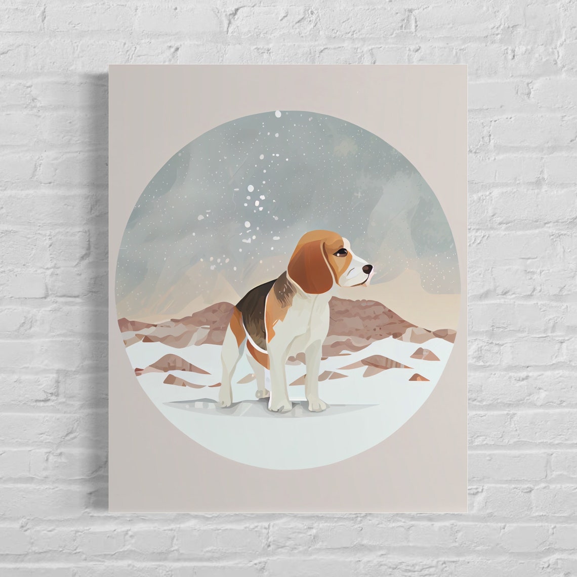 Tricolor Beagle Standing in a Snowy Mountain Scene Art Poster