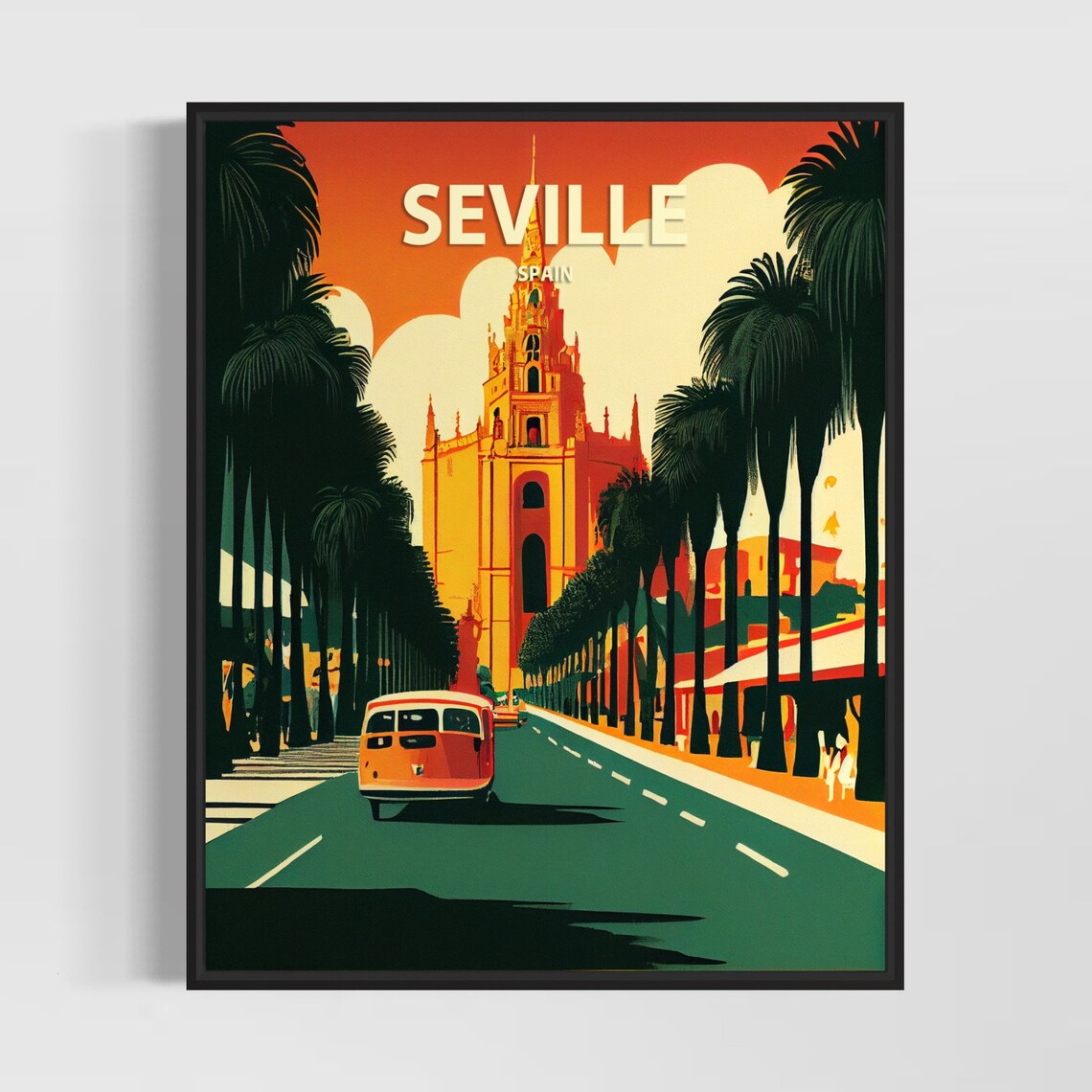 Seville Spain Giralda Tower Palm Lined Street Retro Travel Poster