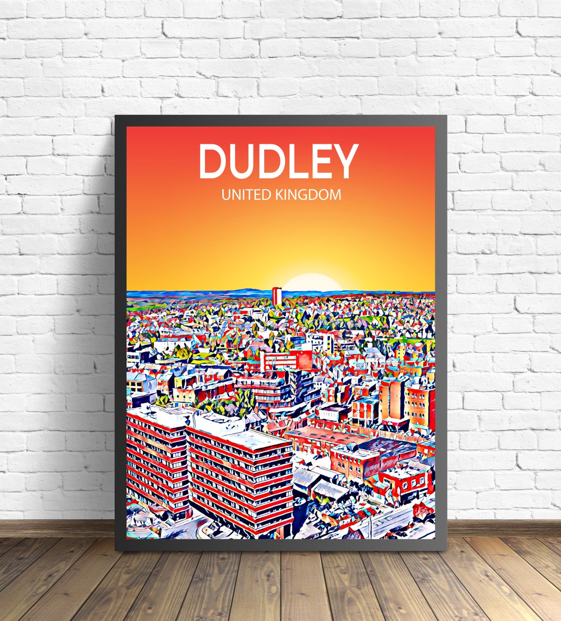 Dudley United Kingdom Sunset Aerial Townscape Painted Artwork Poster