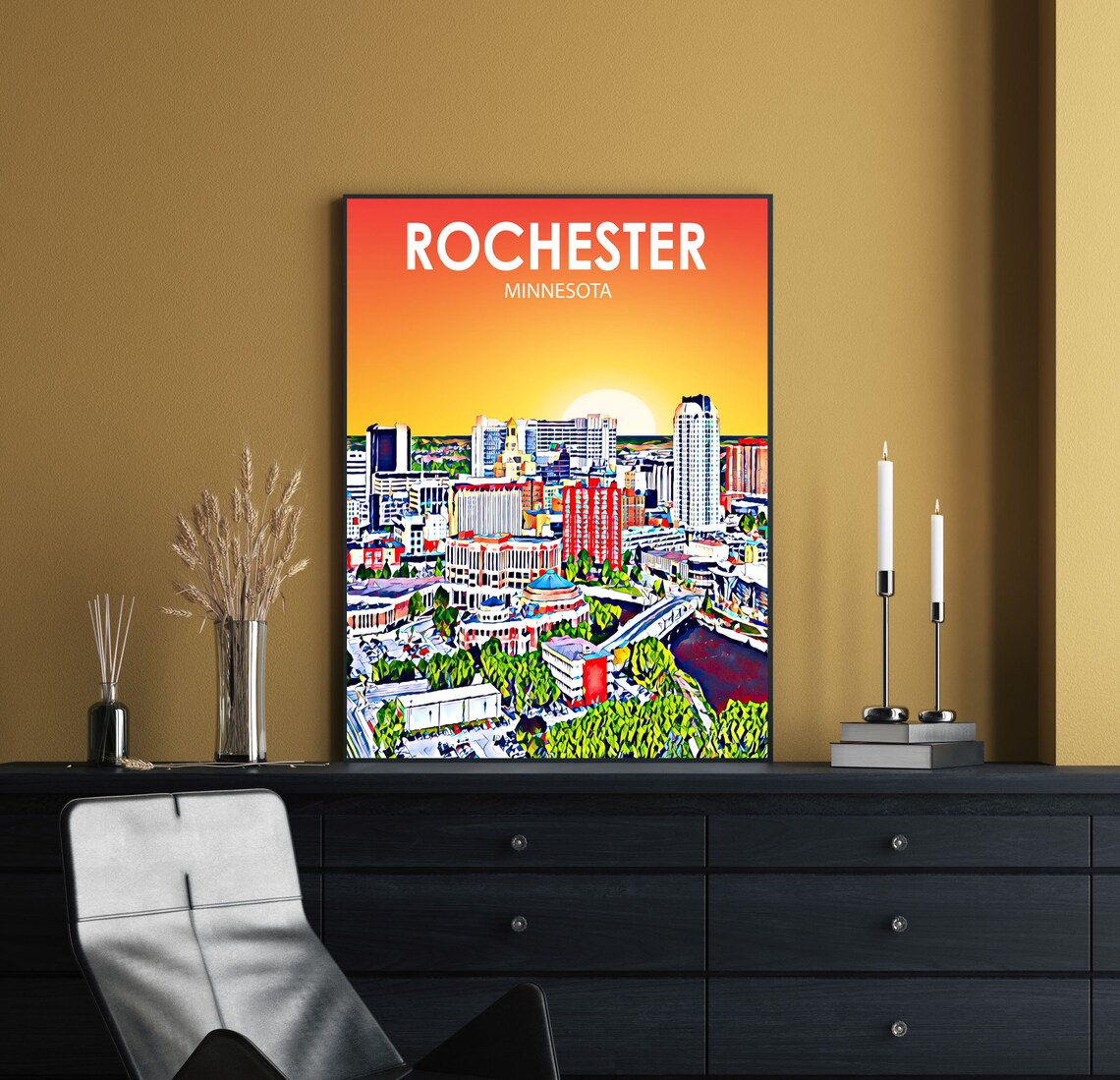 Rochester Minnesota Sunset Skyline Colorful Pop Art City Travel Poster - Image 2