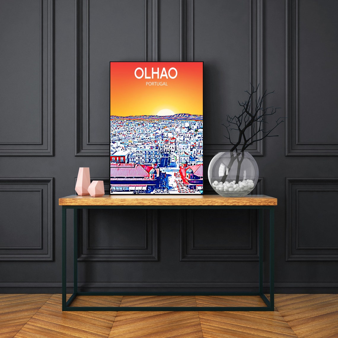 Olhao Portugal Sunset Over City Rooftops Colorful Skyline Poster - Image 3