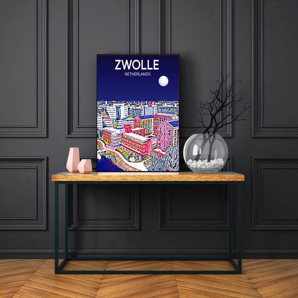 Zwolle Netherlands Night Skyline Moonlight City Travel Poster - Image 3
