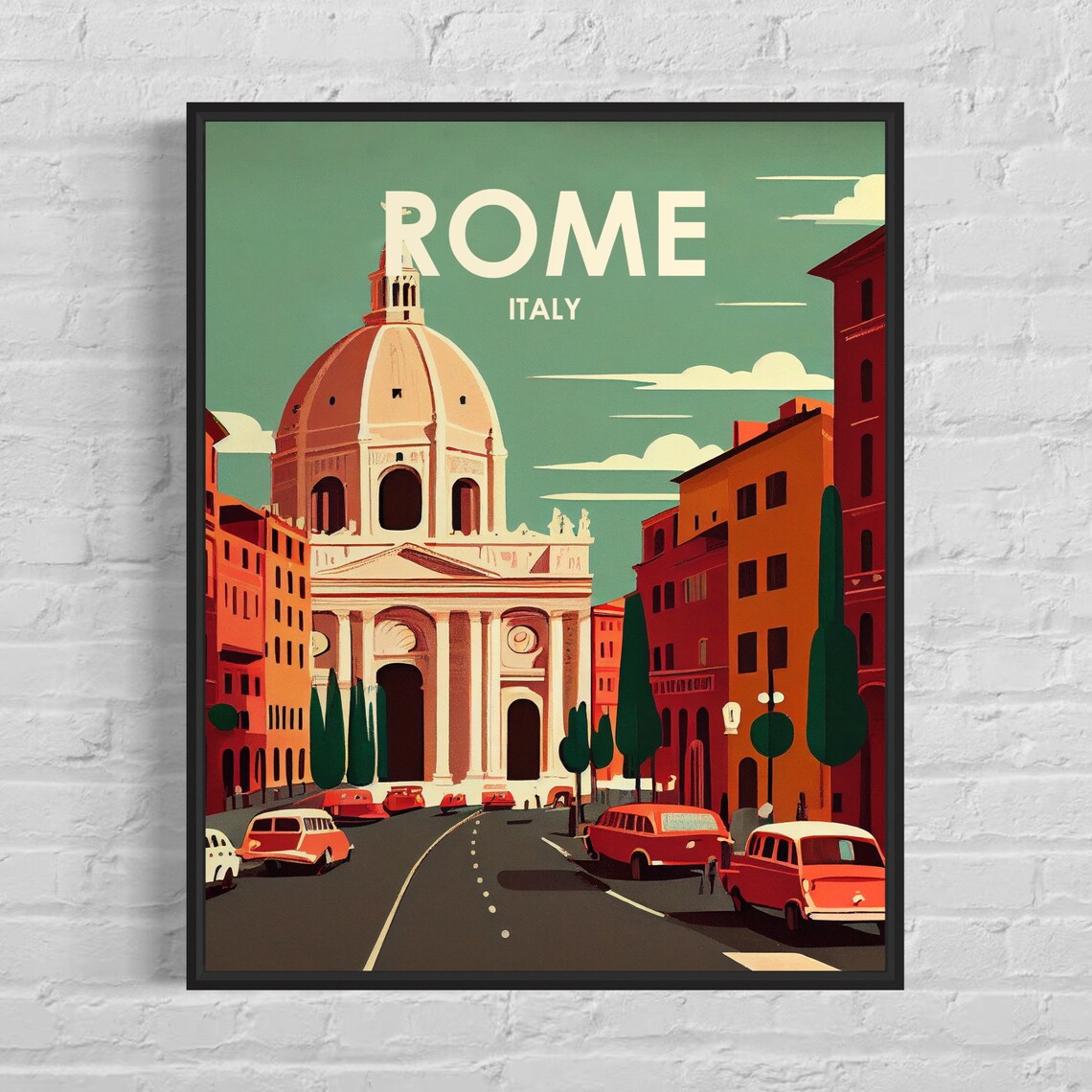 Rome Italy Domed Church Classic Cars Retro City Street Poster