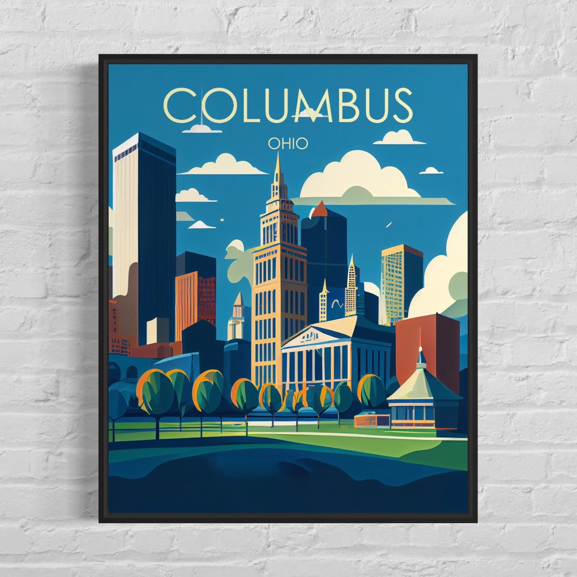 Columbus Ohio Downtown Skyline Green Riverfront Park City Poster