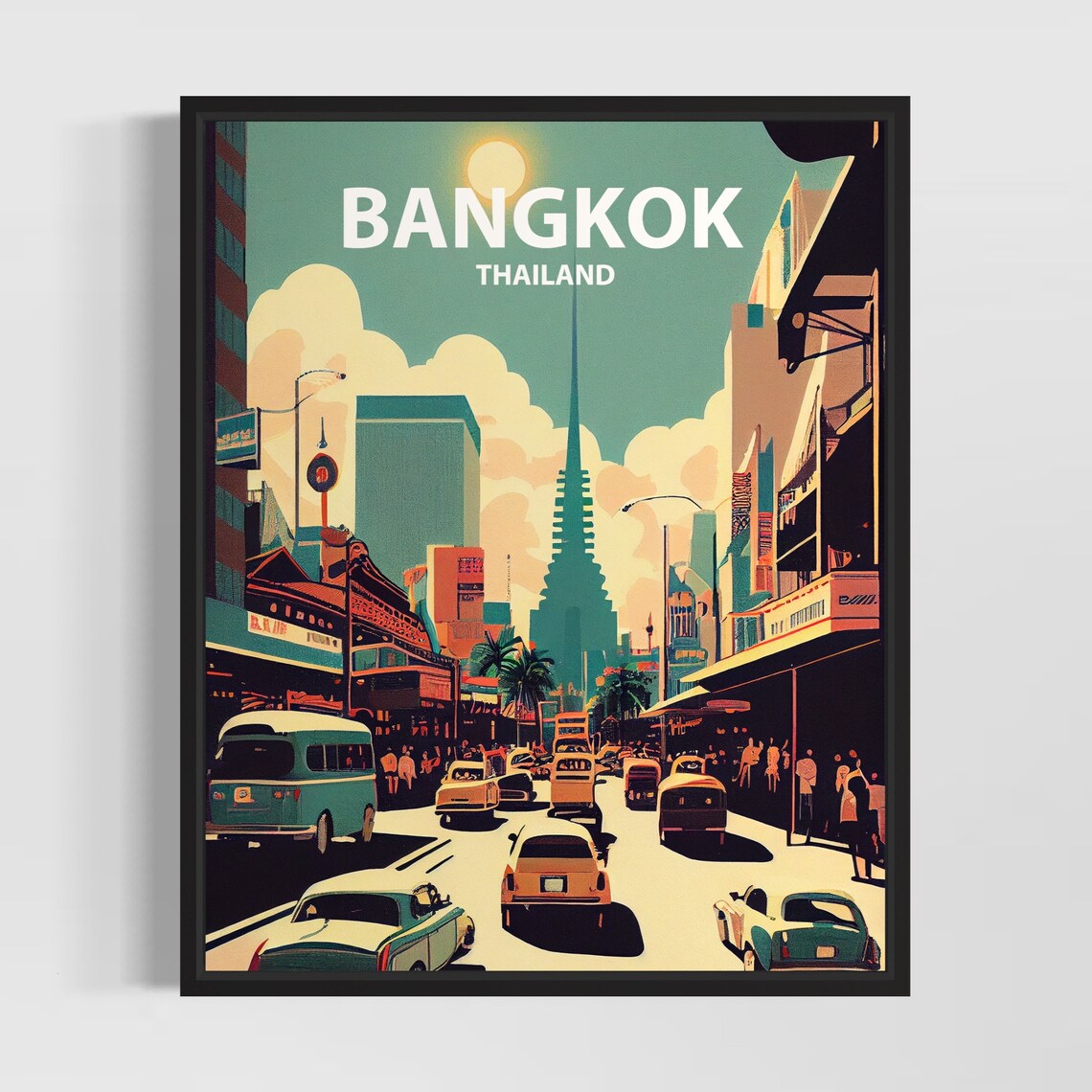 Bangkok Thailand Busy Street Temple Spire Retro City Scene Poster
