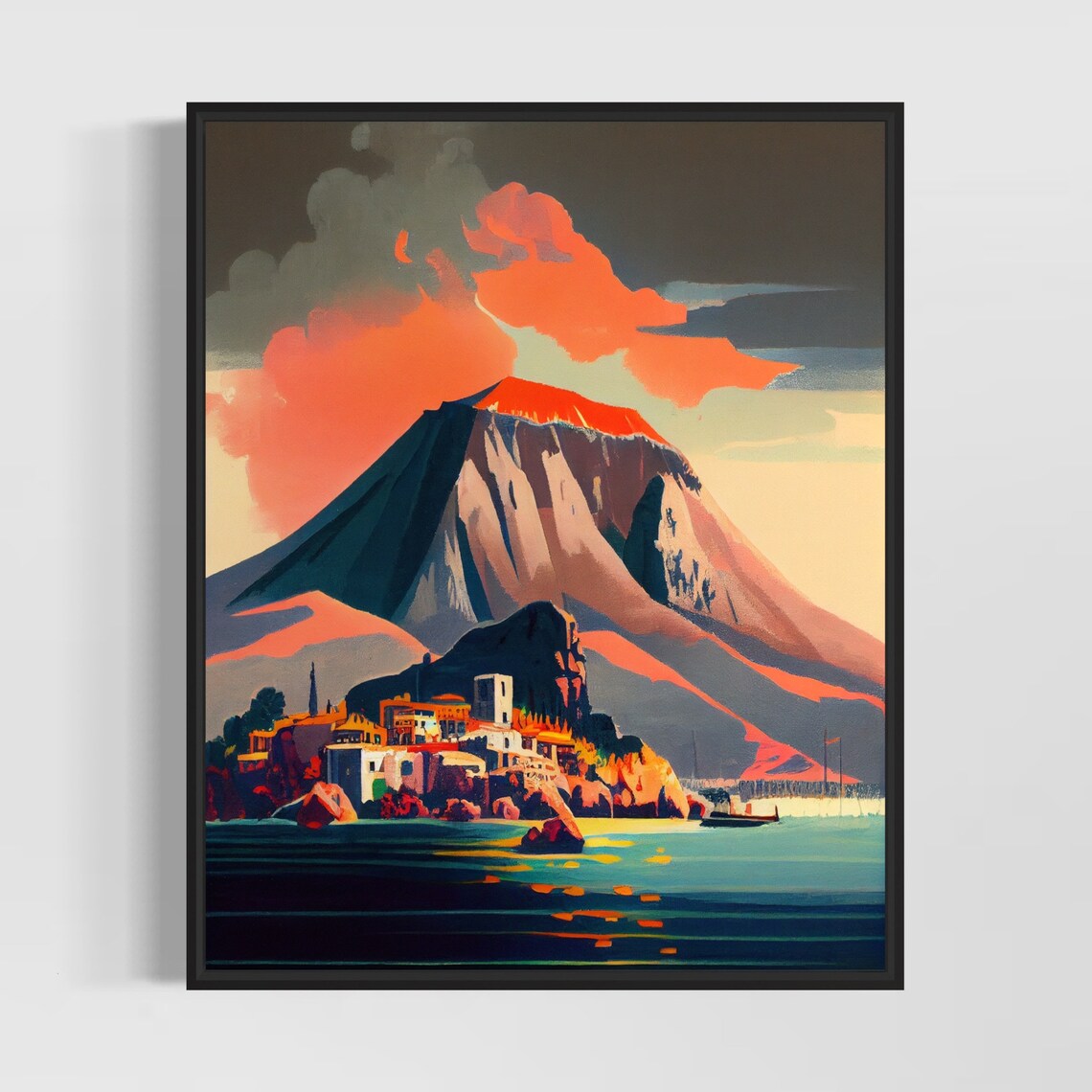 Mount Vesuvius Erupting Volcano Bay of Naples Retro Travel Poster