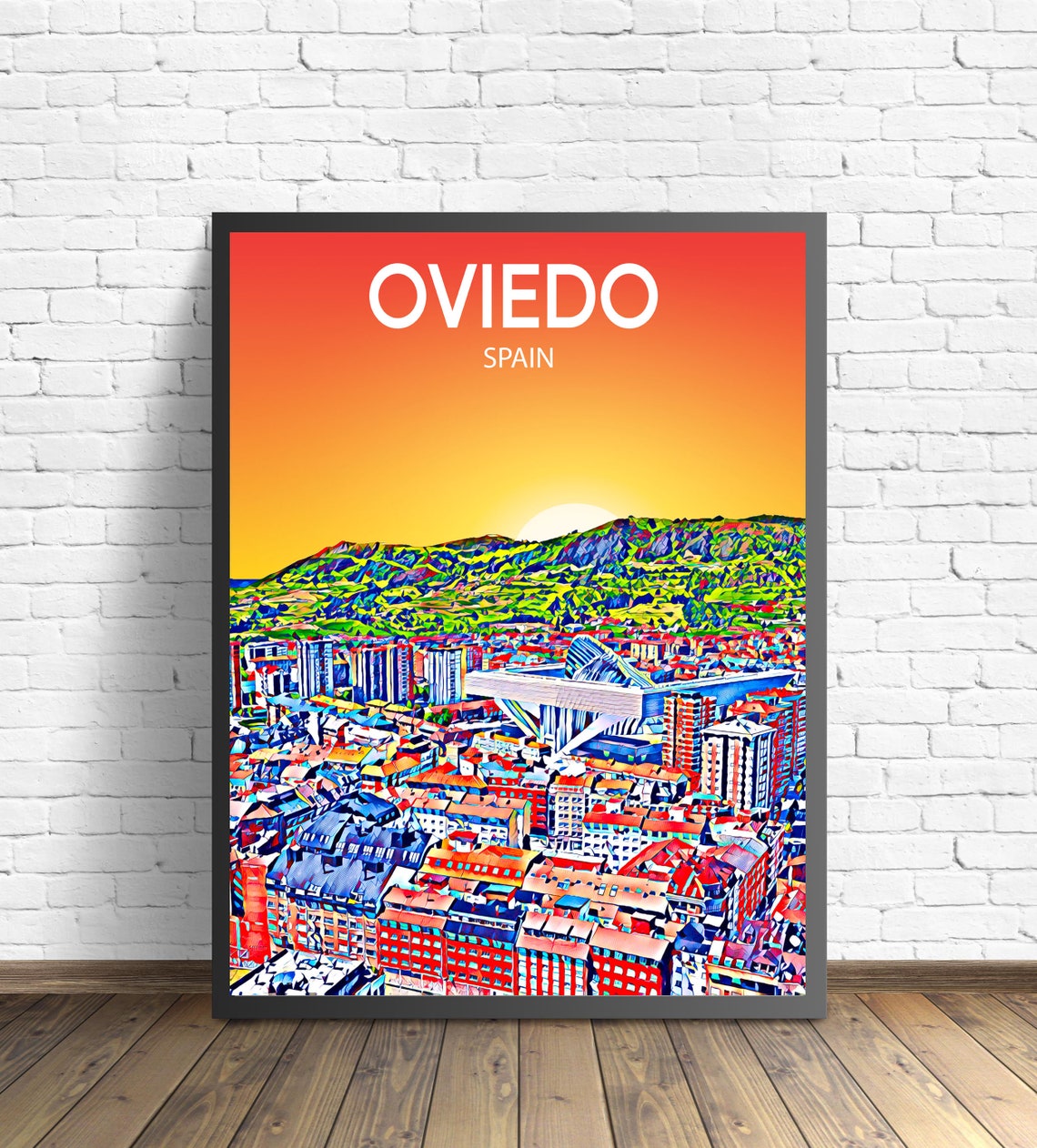 Oviedo Spain Sunset City Panorama Green Rolling Hills Travel Poster