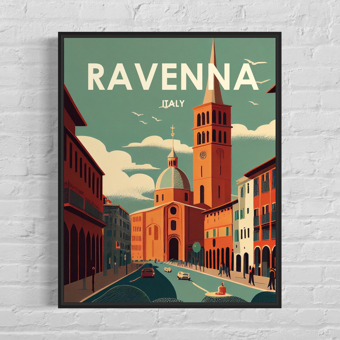Ravenna Italy Church Bell Tower Street Scene Retro City Poster