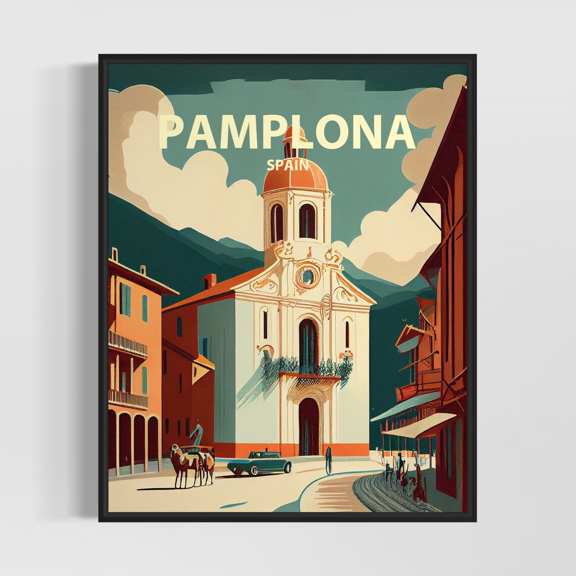 Pamplona Spain Retro Vintage Church Street Scene Travel Art Poster