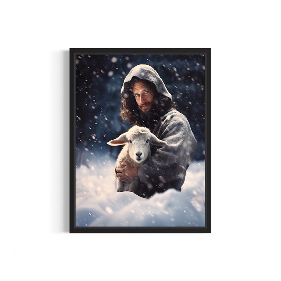 Hooded Jesus Christ Sheltering a Lamb in Falling Snow Poster