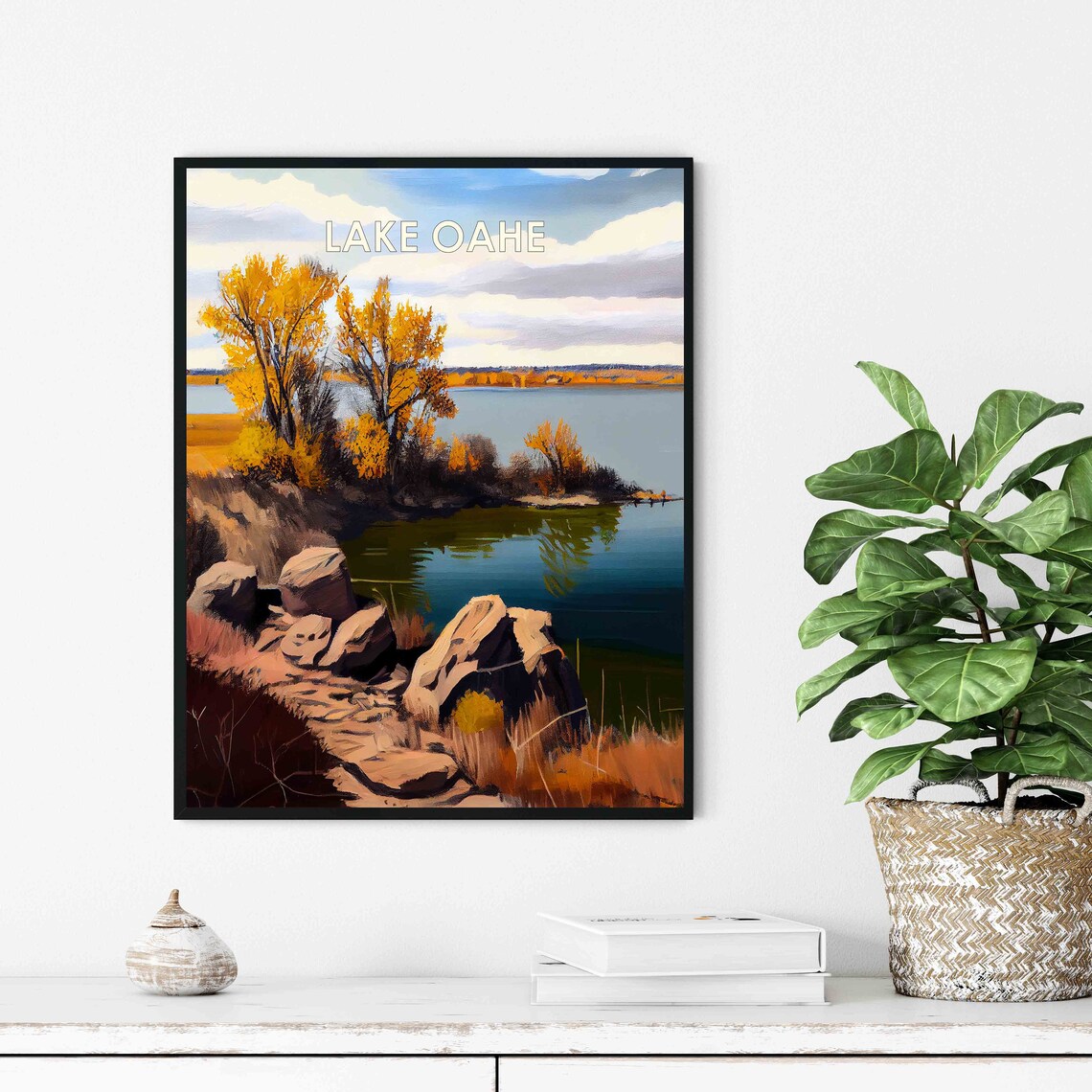 Lake Oahe South Dakota Retro Poster with Rocky Shore and Golden Trees - Image 3