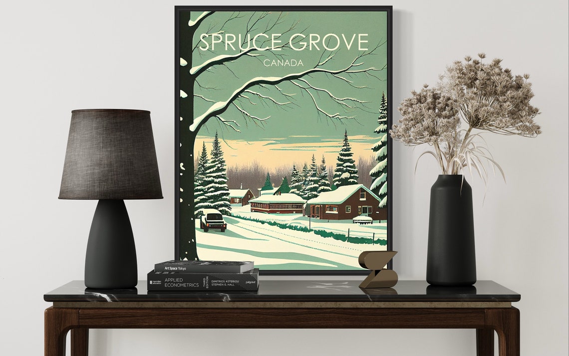 Spruce Grove Canada Snowy Pine Forest Village Winter Travel Poster - Image 2