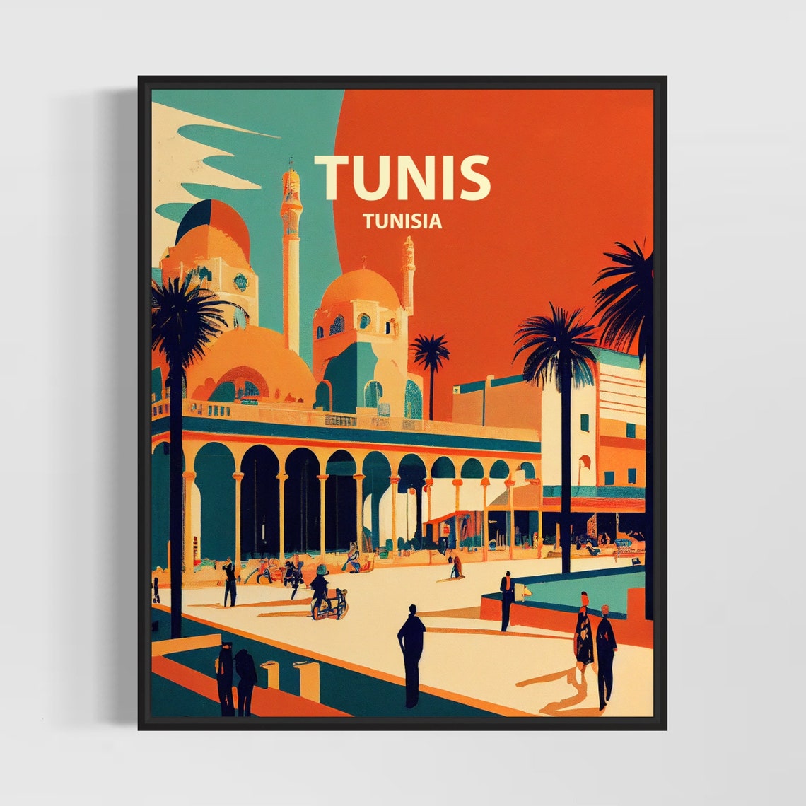 Tunis Tunisia Grand Mosque Plaza Palm Trees Orange Sunset Poster