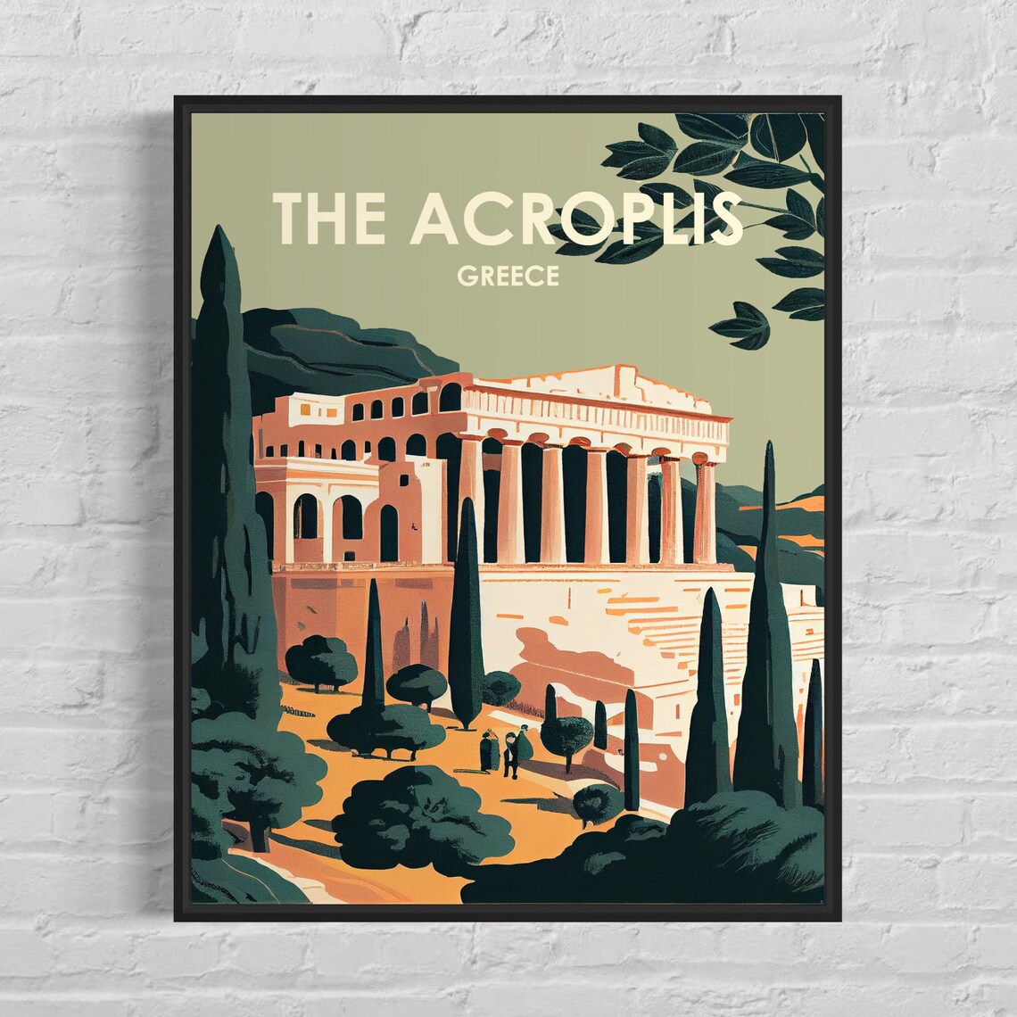 The Acropolis Greece Retro Parthenon Cypress Travel Art Poster
