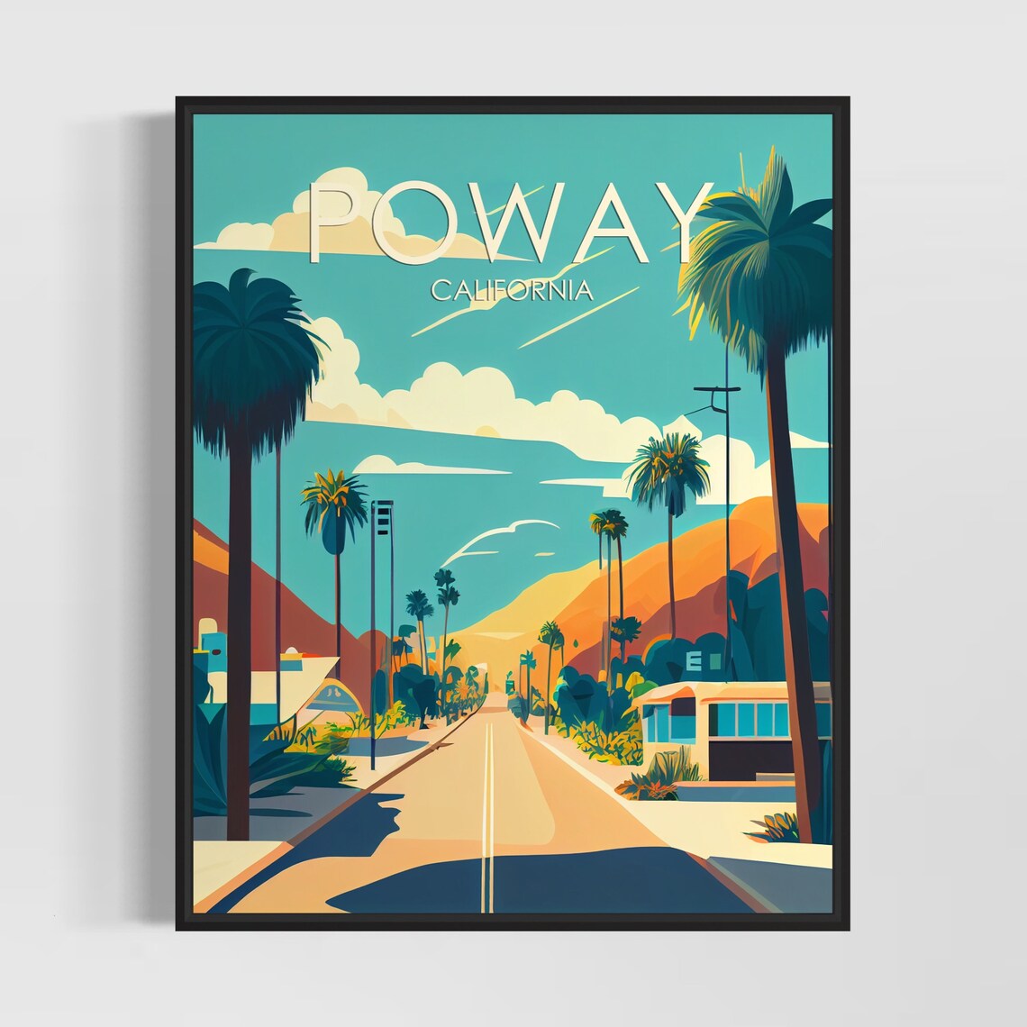 Poway California Palm Lined Road Sunset Glow Retro Travel Poster