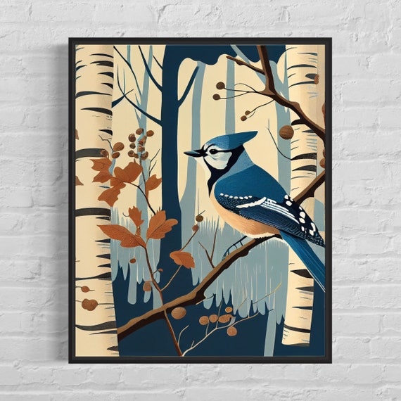 Blue Jay And Birch Tree Retro Art Print Blue Jay And Birch Tree Illustration Blue Jay And Birch Tree Vintage Minimal Design Poster