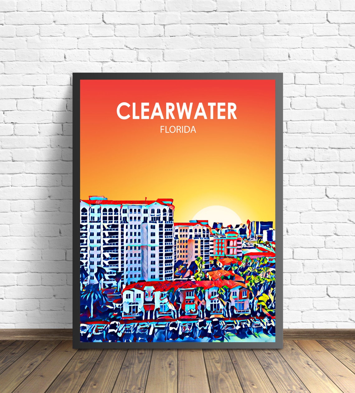 Clearwater Florida Sunset Aerial Cityscape Beach Travel Poster