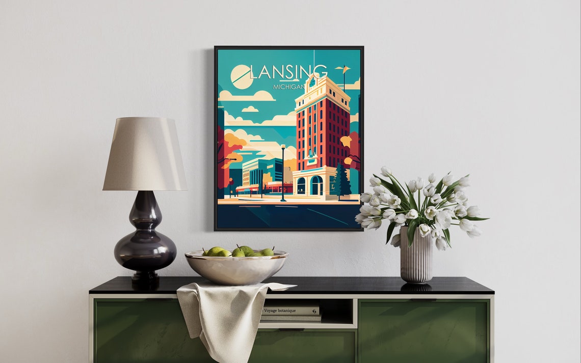 Lansing Michigan Retro Downtown City Skyline Vintage Art Poster - Image 2