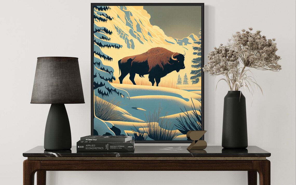Bison Winter Snowy Mountain Valley Vintage Wildlife Animal Art Poster - Image 2