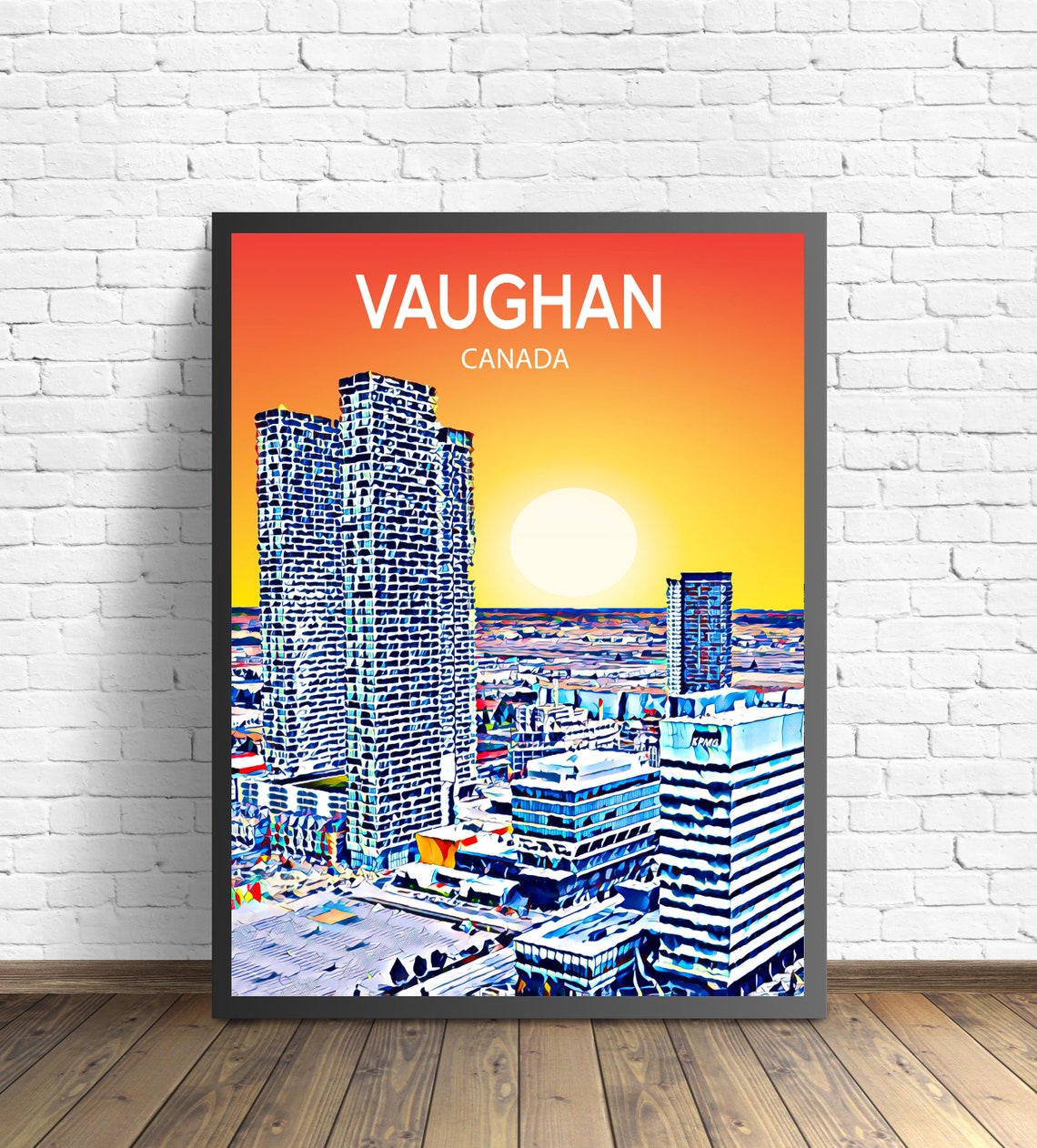Vaughan Canada Sunset Skyline Modern Towers Colorful Travel Poster