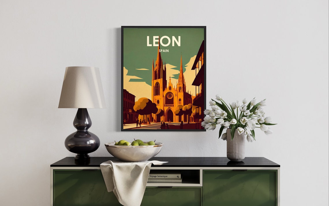 Leon Spain Twin-Spired Gothic Cathedral Dusk Vintage Travel Poster - Image 2
