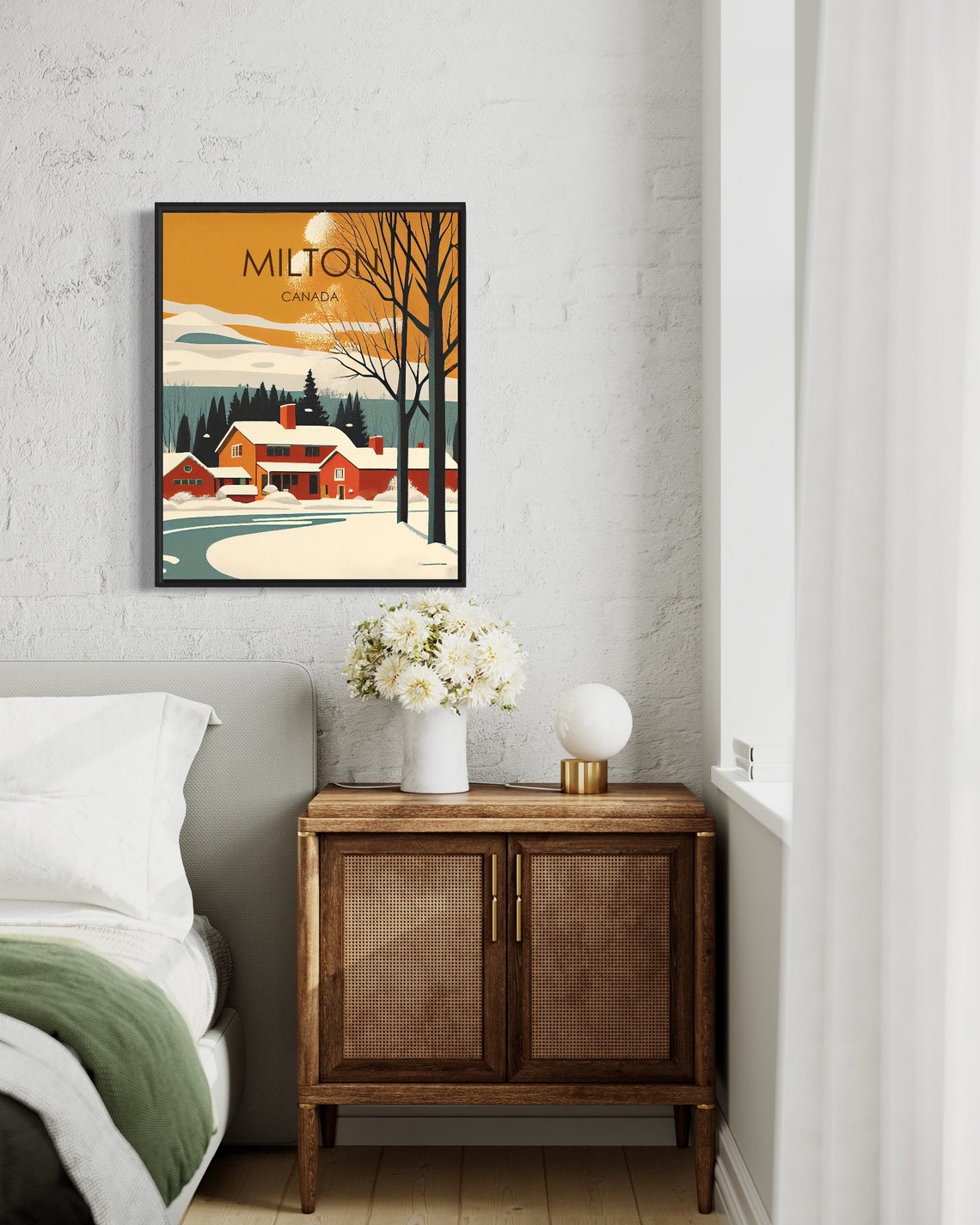 Milton Canada Snowy Red Farmhouse Winter Sunset Travel Poster - Image 3
