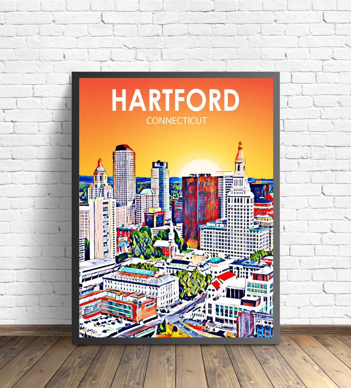 Vibrant Hartford Connecticut Sunset Skyline Cityscape Travel Poster