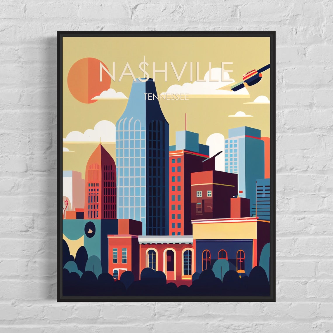 Nashville Tennessee Skyline Sunset Skyscrapers Retro Music Poster