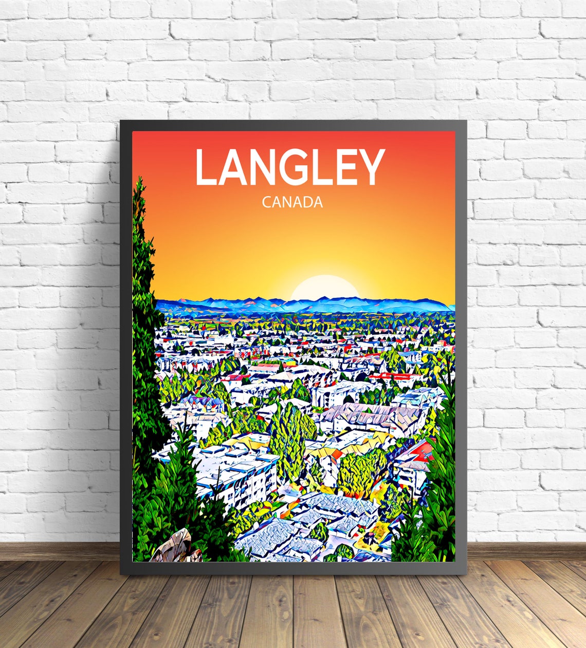 Langley Canada Sunset Skyline Vibrant Mosaic Cityscape Art Poster