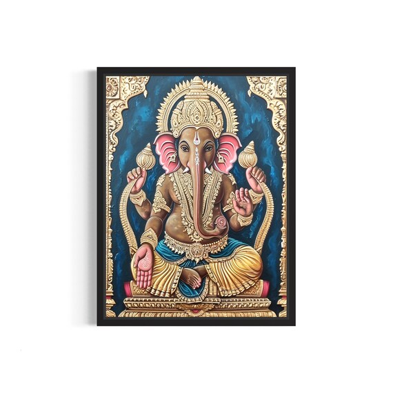 Lord Ganesha in Gold Blessing Pose Against Deep Blue Tanjore Poster