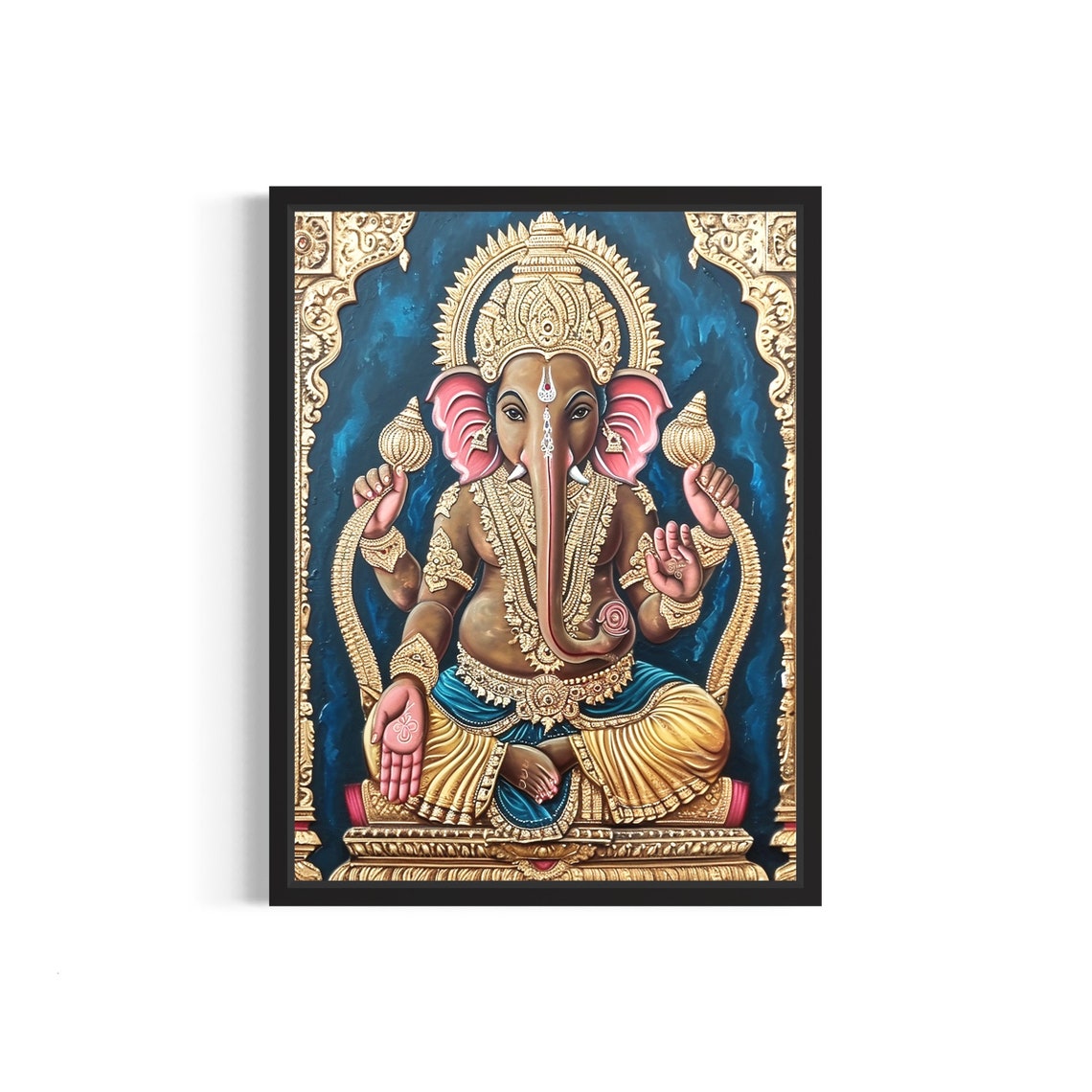 Lord Ganesha in Gold Blessing Pose Against Deep Blue Tanjore Poster