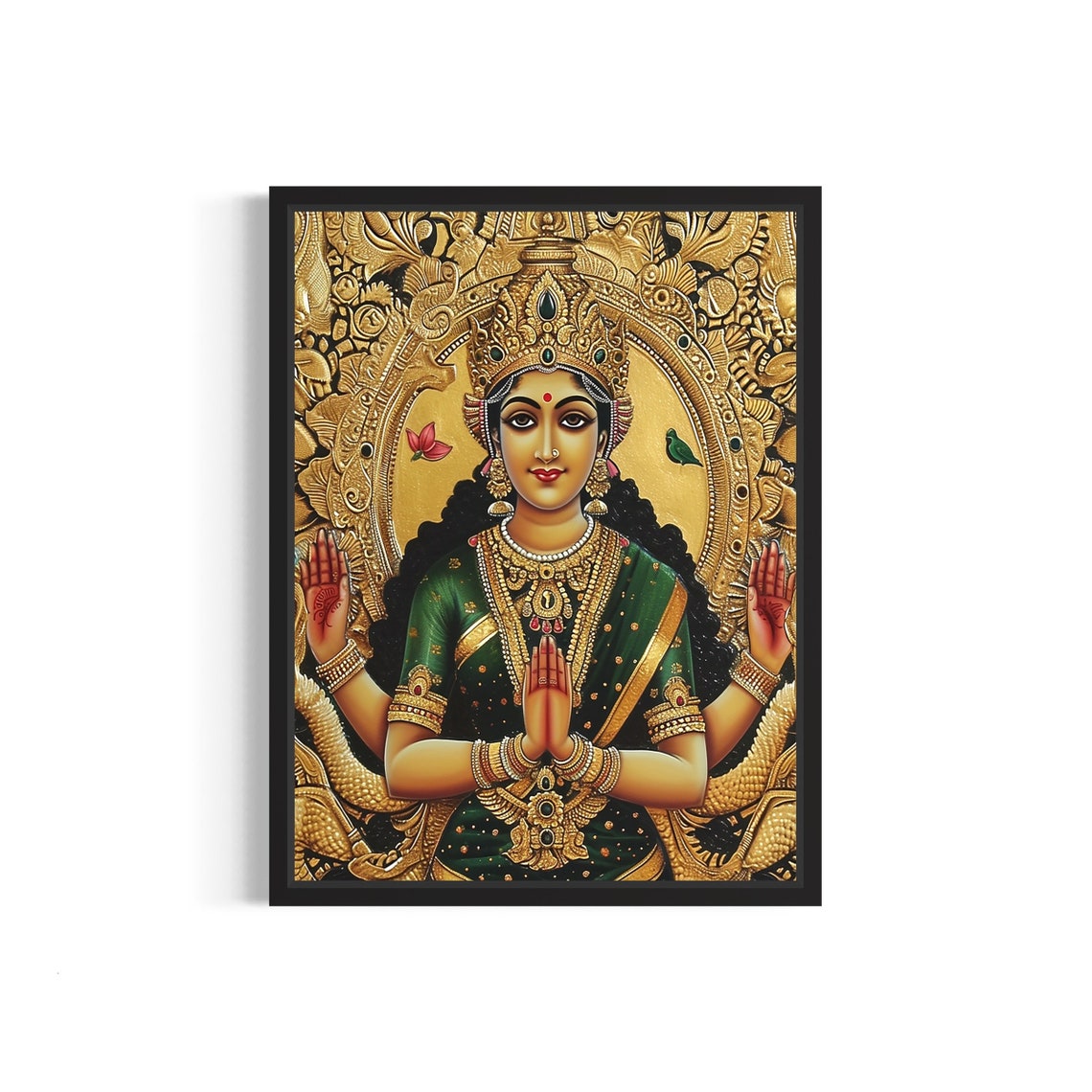 Goddess Lakshmi in Green Silk Sari With Gold Tanjore Art Poster
