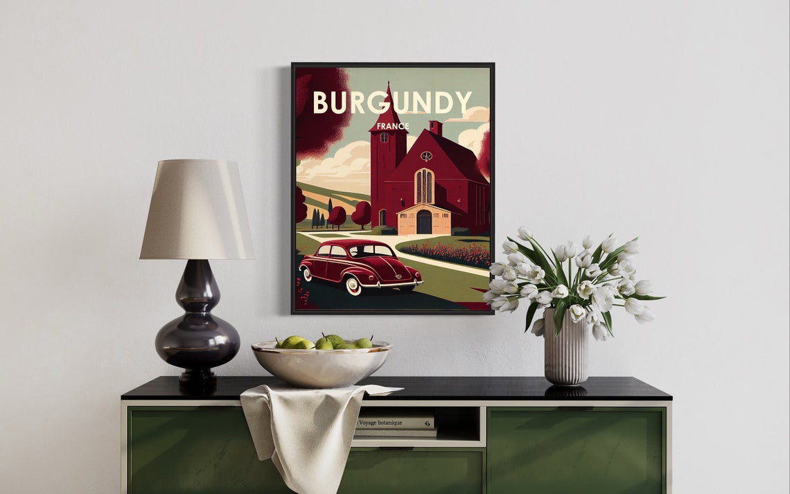 Burgundy France Retro Art Print Burgundy France Wall Art Illustration Burgundy France Vintage Minimal Design Poster - Image 3