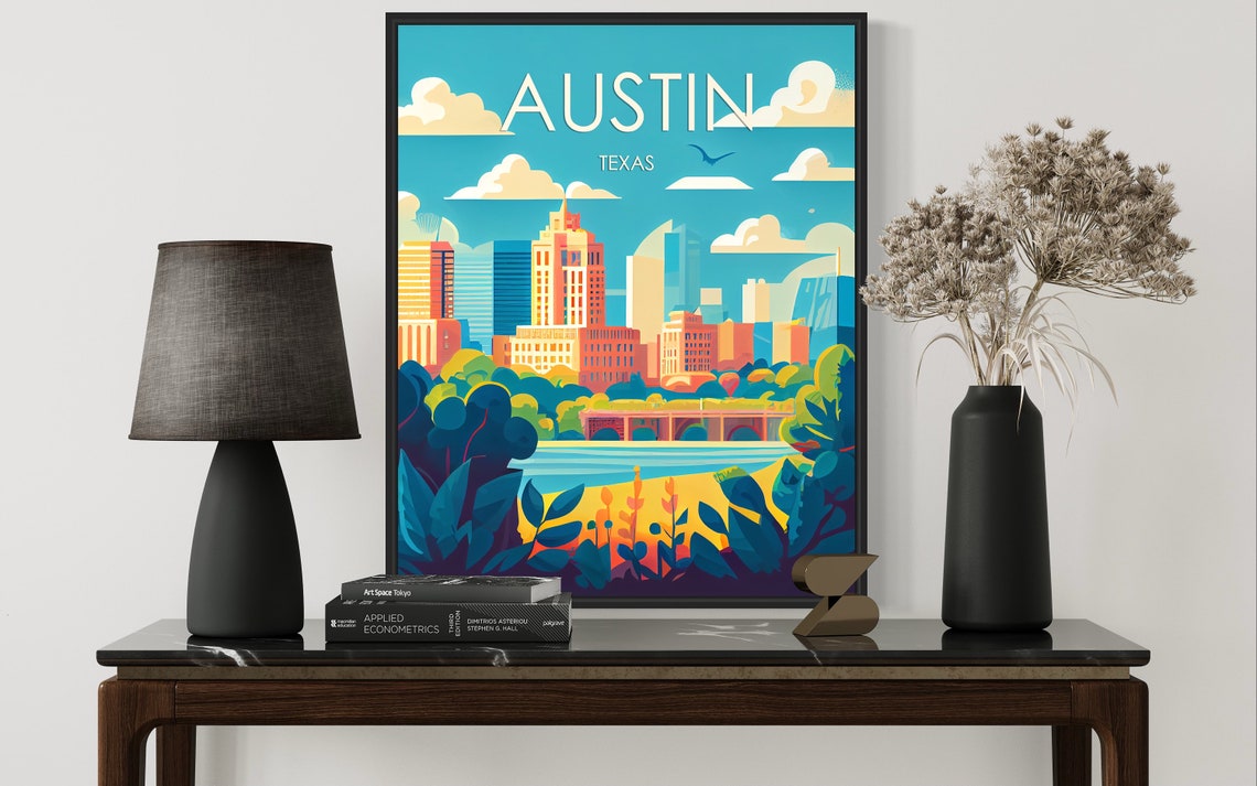 Austin Texas Skyline River Green Hills Colorful Retro Poster - Image 2