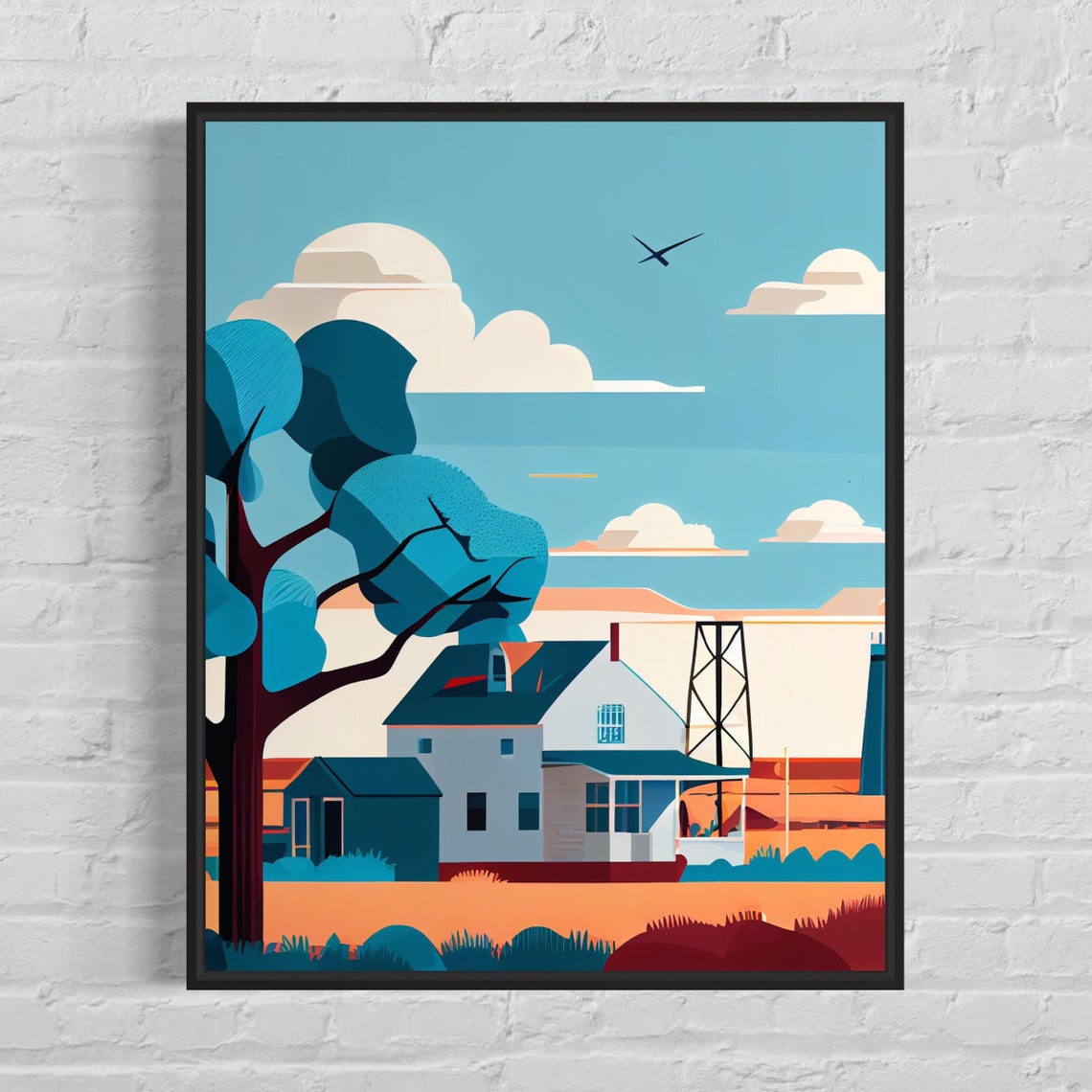 Oklahoma Farmhouse Oil Derrick Sunset Retro Countryside Poster