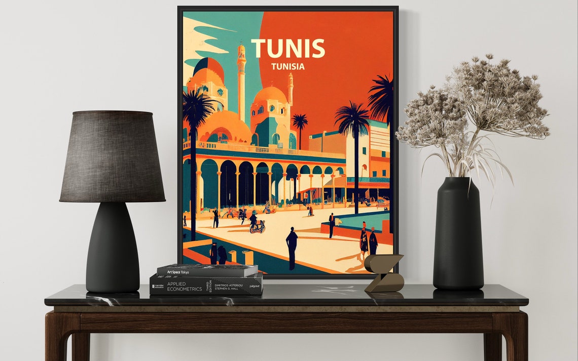 Tunis Tunisia Grand Mosque Plaza Palm Trees Orange Sunset Poster - Image 3