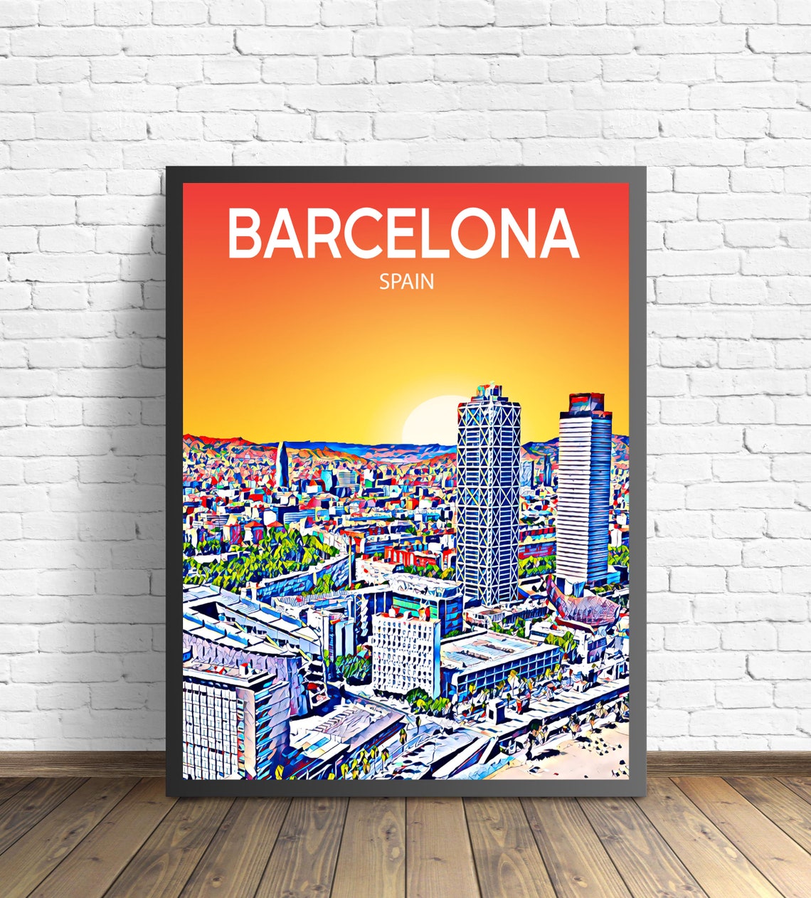 Barcelona Spain Beachfront Towers Sunset Sketch Travel Poster