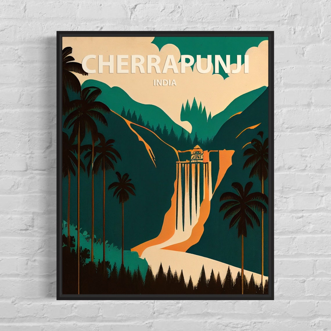 Cherrapunji India Meghalaya Waterfall Palms Retro Travel Poster