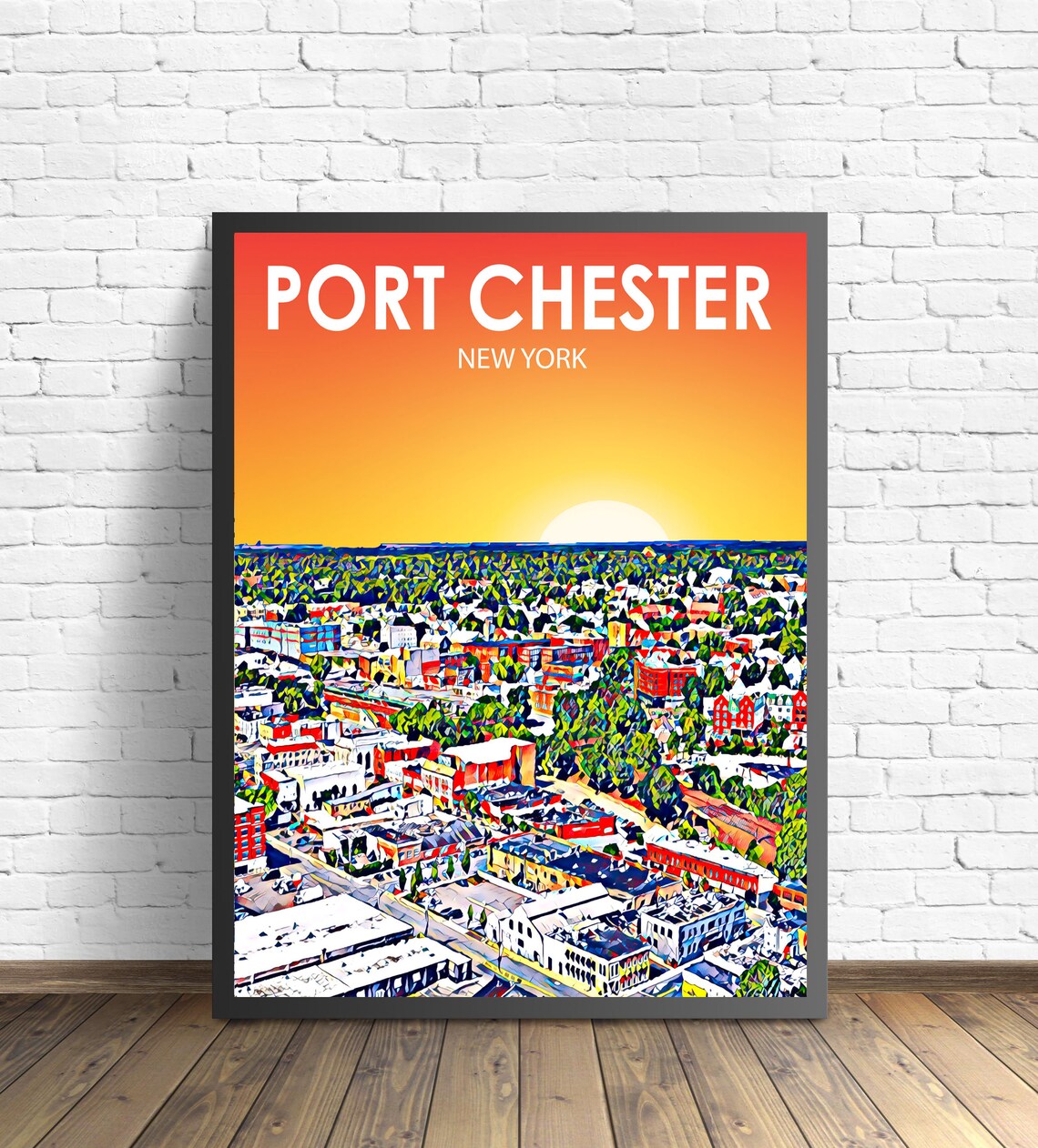 Port Chester New York Colorful Sunset Skyline City Travel Poster