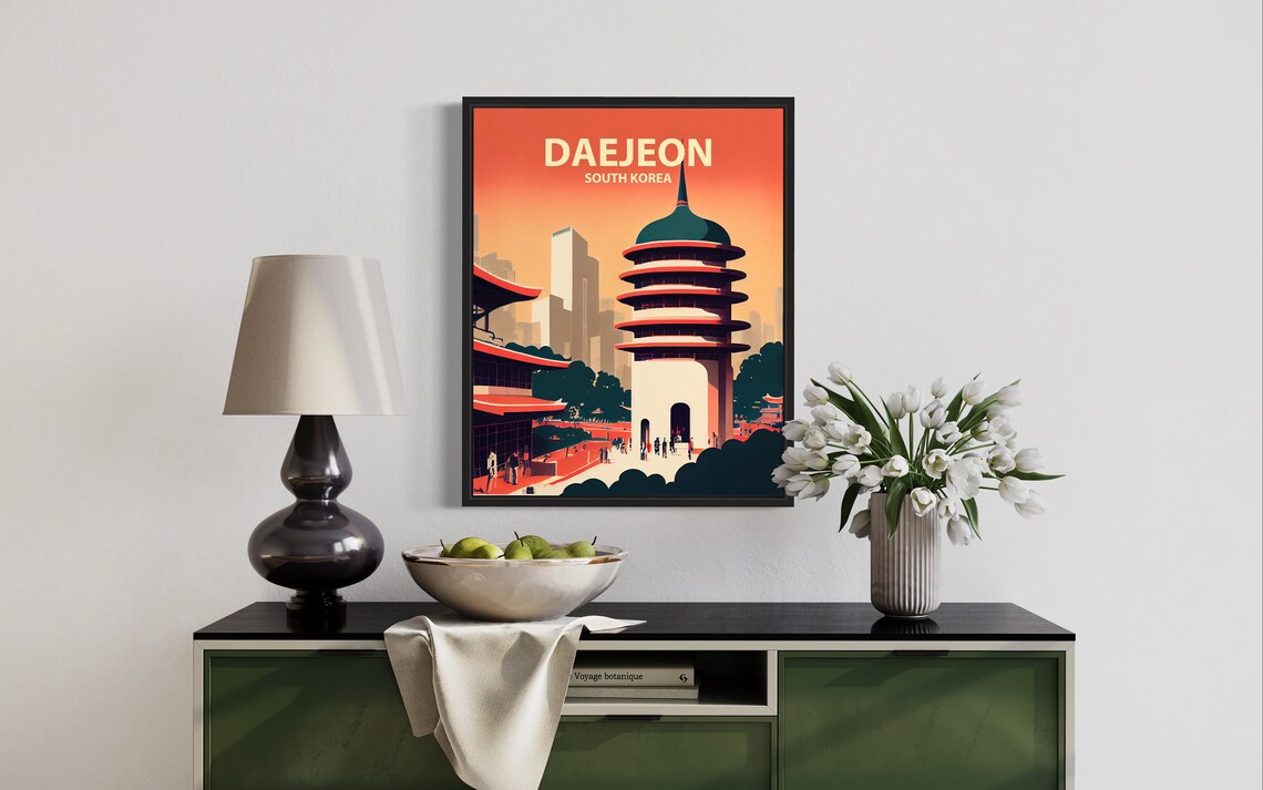 Daejeon South Korea Pagoda Tower Plaza Retro Travel Art Poster - Image 3