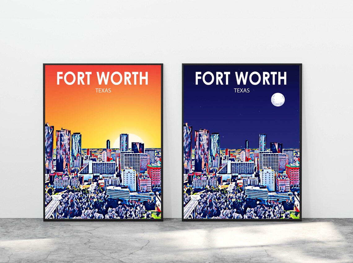 Fort Worth Texas Art Poster Sunset Landscape Poster Print Fort Worth City Wall Art United States Colorful Skyline Sketch Photo