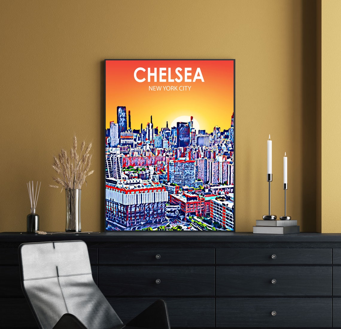 Chelsea New York City Art Poster Sunset Night Landscape Poster Print Chelsea City Framed Wall Art United States Colorful Skyline Sketch - Image 2