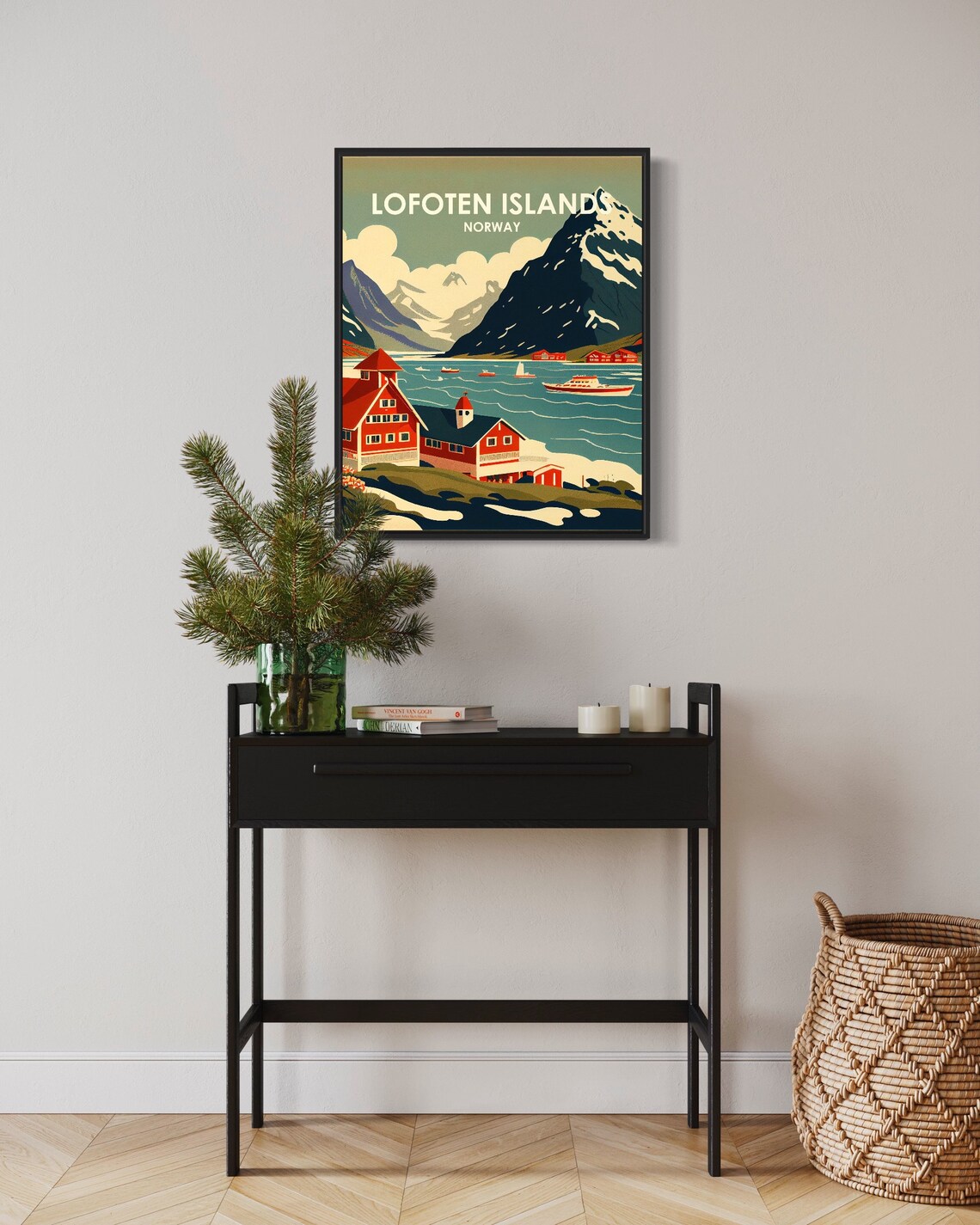 Lofoten Islands Norway Fjord Red Cabins and Boats Art Poster - Image 3