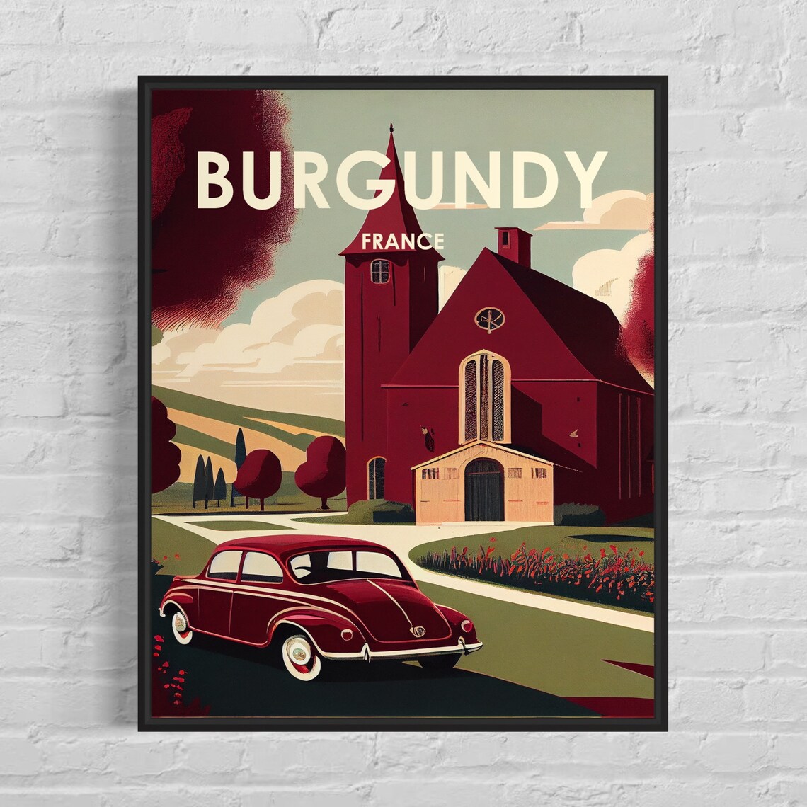 Burgundy France Vintage Red Car and Country Church Travel Poster